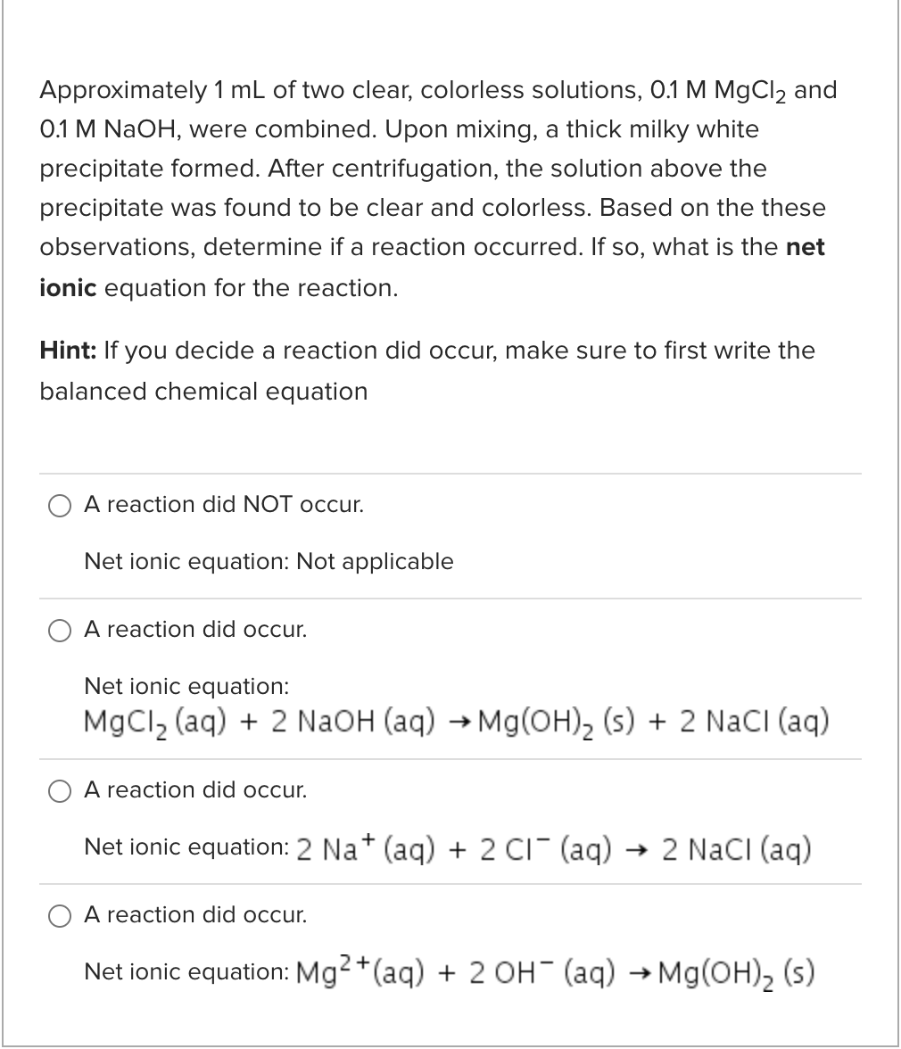 Solved Approximately 1 mL of two clear, colorless solutions, | Chegg.com