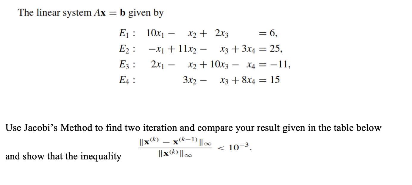 Solved The linear system Ax = b given by E1 : 10x1 - x2 + | Chegg.com