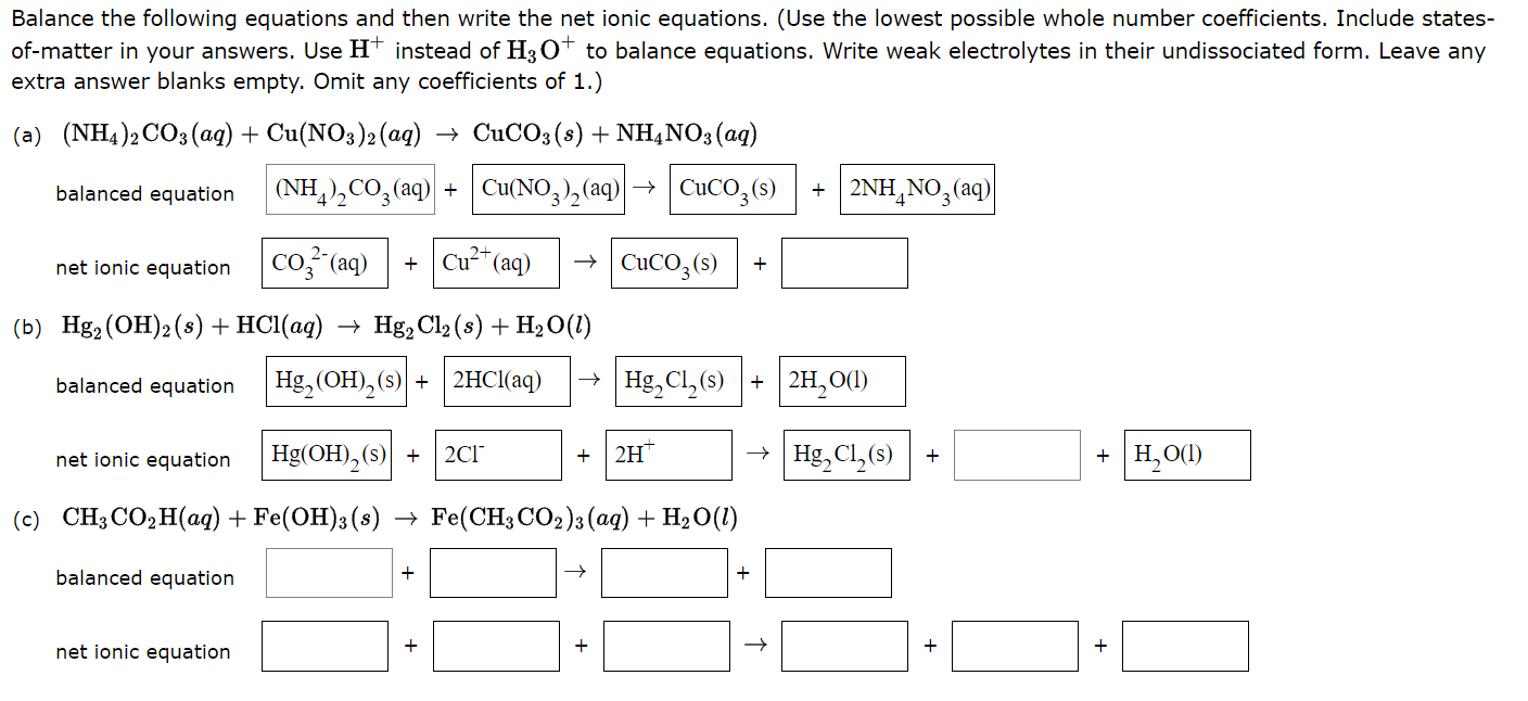 Solved Balance The Following Equations And Then Write The