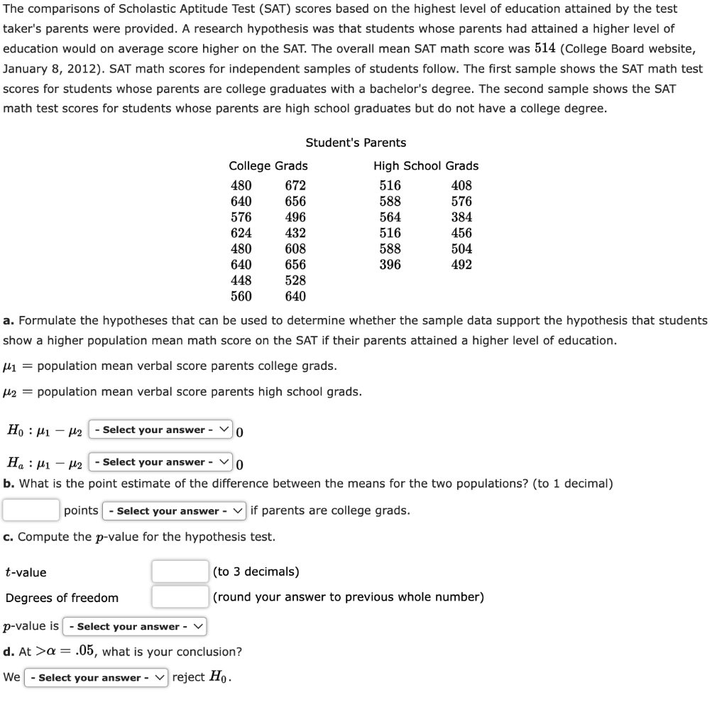 Solved The Comparisons Of Scholastic Aptitude Test (SAT) | Chegg.com