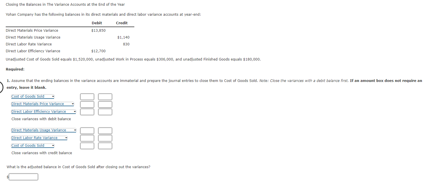 Solved Closing the Balances in The Variance Accounts at the | Chegg.com