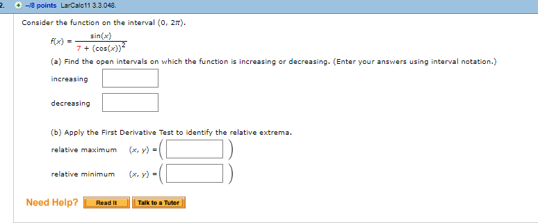 Solved Consider the function on the interval (0, 2π). | Chegg.com