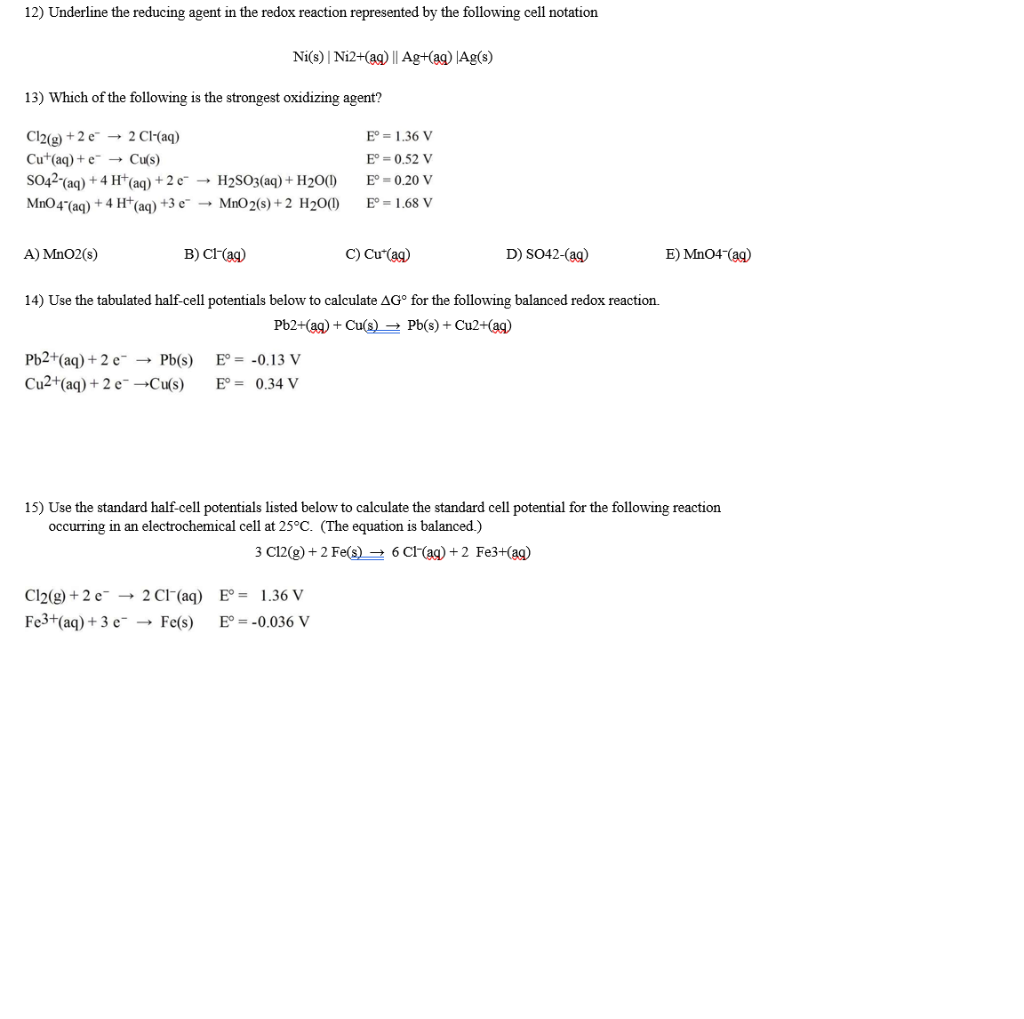 Solved Electrochemistry Problem Set 1) Identify Oxidation. 