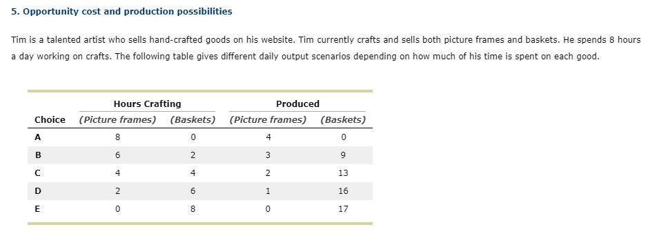 Solved 5. Opportunity Cost And Production Possibilities Tim | Chegg.com