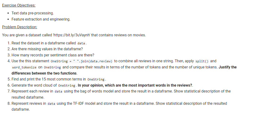 Solved Exercise Objectives: • Text data pre-processing. • | Chegg.com