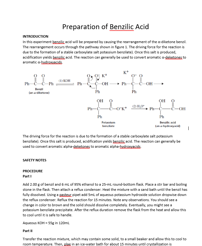 Solved Preparation of Benzilic Acid INTRODUCTION In this