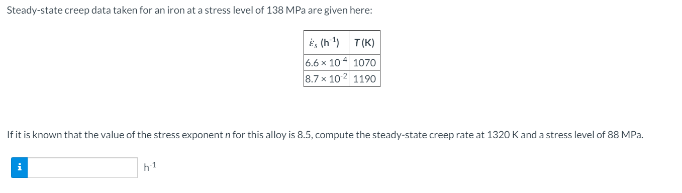 Solved Steady State Creep Data Taken For An Iron At A Stress