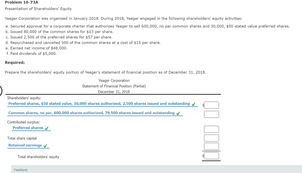 Solved Problem 10-73A Presentation Of Shareholders' Equity | Chegg.com