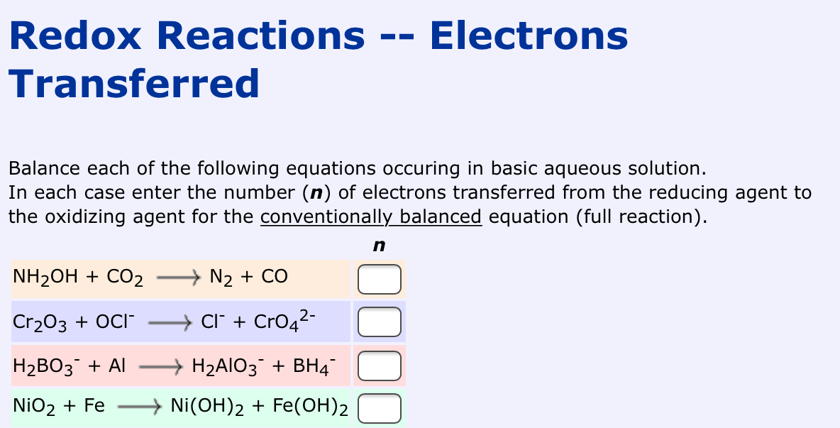 Solved Redox Reactions -- Electrons Transferred Balance each | Chegg.com