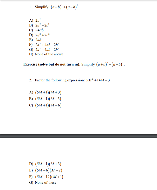 Solved 1. Simplify: (a+b)+(a - B)? A) 2a B) 2a? - 262 C) | Chegg.com