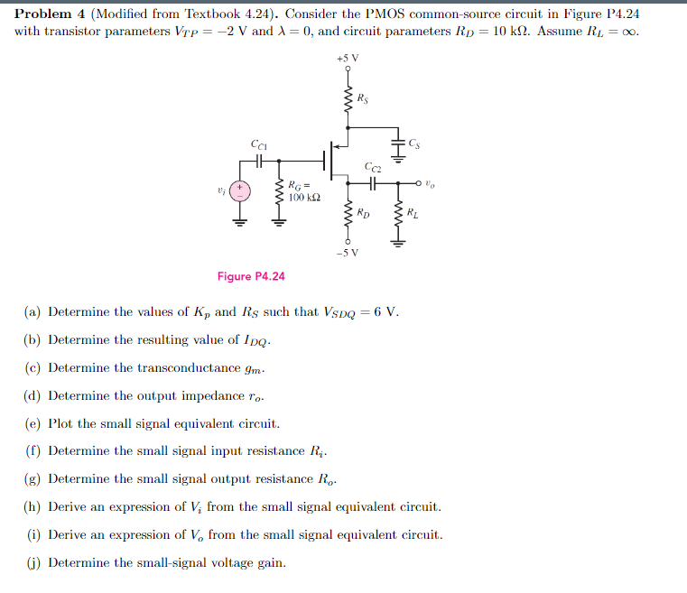 Problem 4 (Modified from Textbook 4.24). Consider the PMOS common-source circuit in Figure P4.24 with transistor parameters \