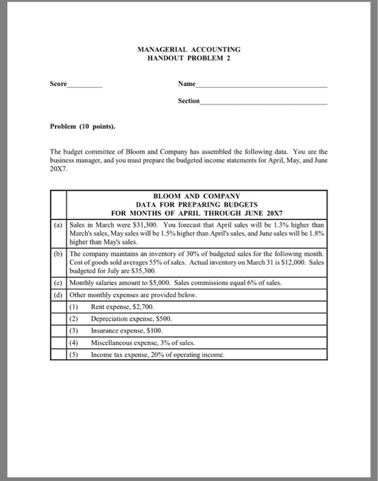 Solved MANAGERIAL ACCOUNTING HANDOUT PROBLEM 2 Score Name | Chegg.com
