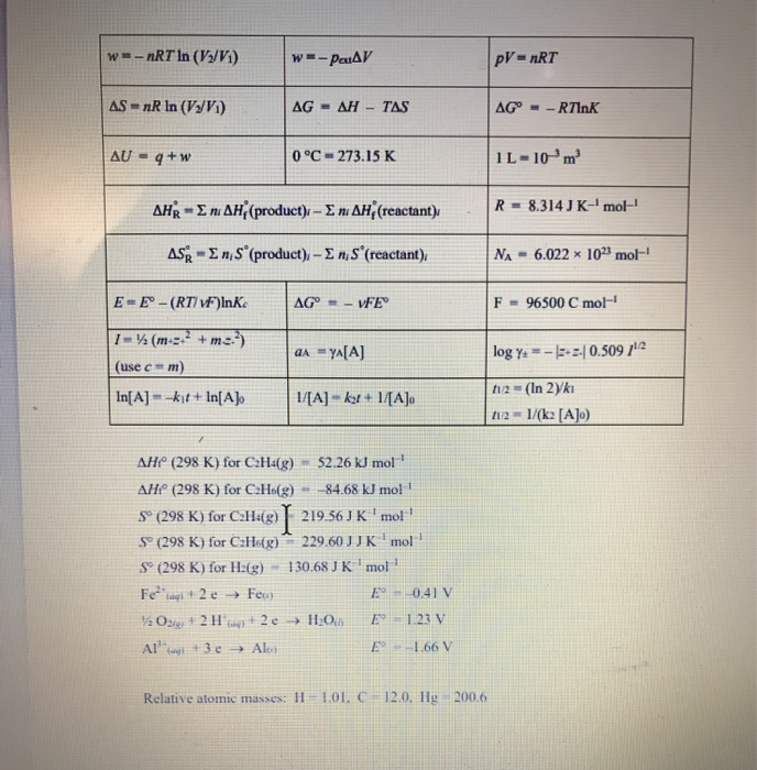 Solved wm nRT In V2 V1 W PextAV PV nRT AS nR In Chegg