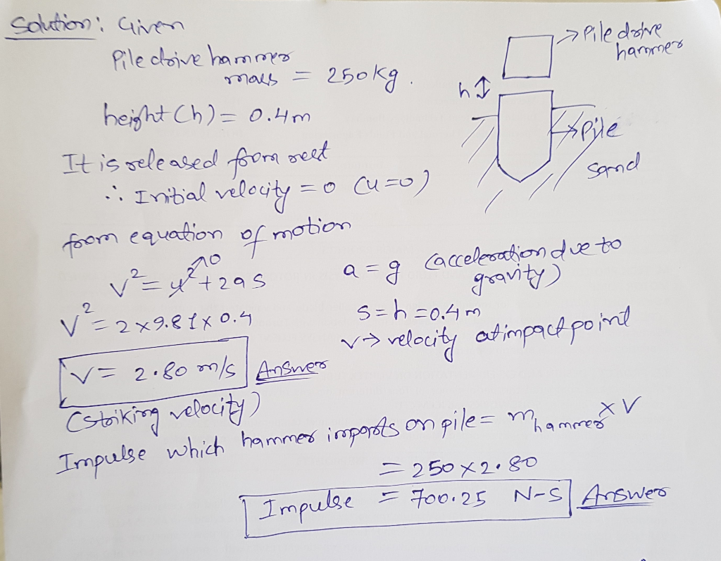 » Pile doire
hammer
solution: Given
Piledrive hammer
mass = 250kg.
height Ch) = 0.4m
It is released from seest
pile
. Initial