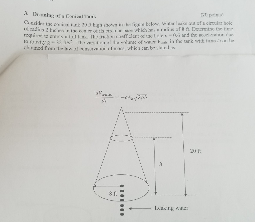 Solved 3. Draining of a Conical Tank (20 points) Consider | Chegg.com