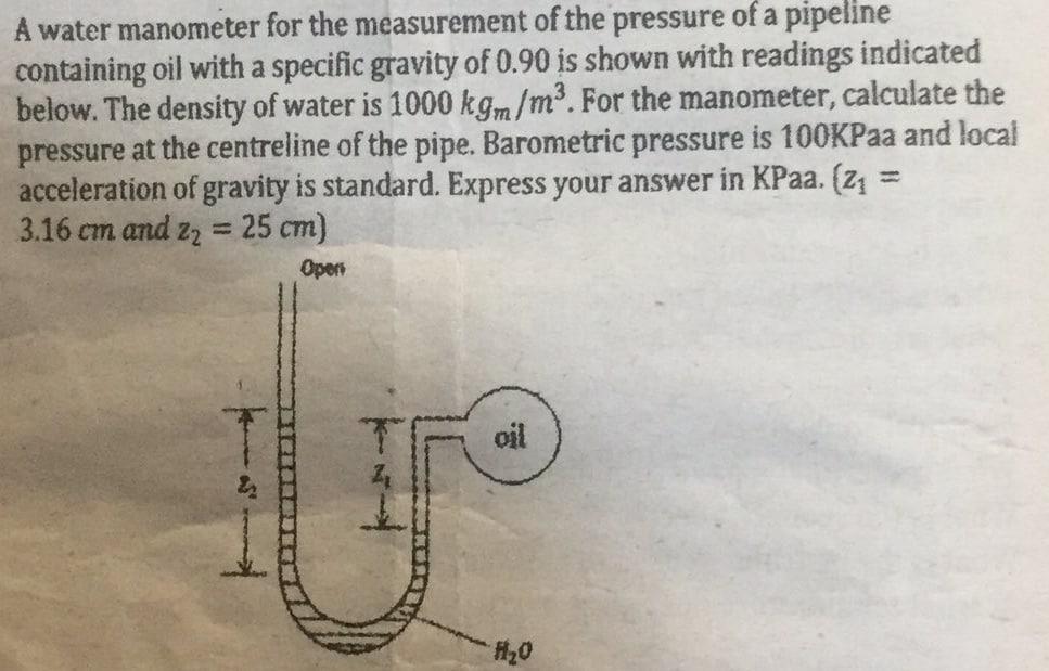 Solved A water manometer for the measurement of the pressure