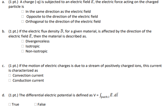 Solved a. (1 pt.) A charge (-9) is subjected to an electric | Chegg.com