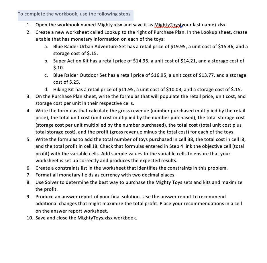 C. To complete the workbook, use the following steps | Chegg.com