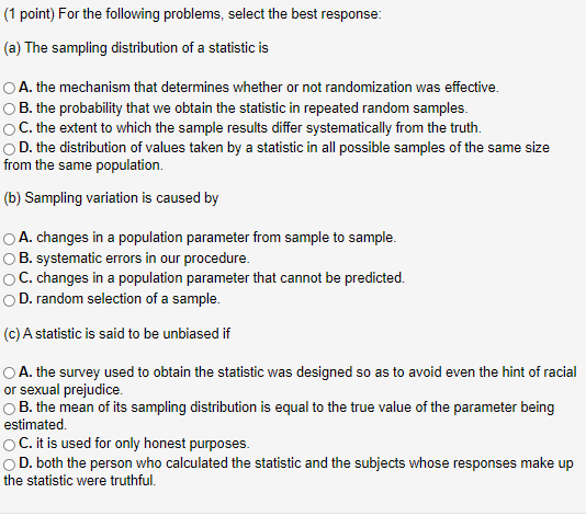 Solved (1 point) For the following problems, select the best | Chegg.com