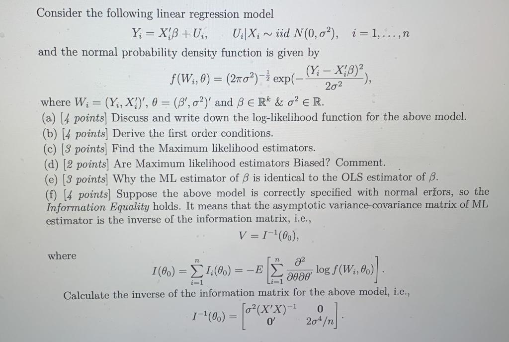 Solved Consider the following linear regression model Y; = X | Chegg.com 