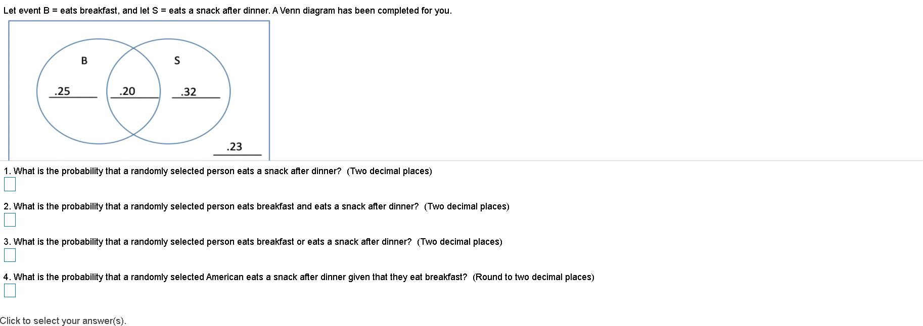 Solved Let event B = eats breakfast, and let S = eats a | Chegg.com