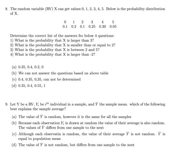 Solved 8. The random variable (RV) X can get values | Chegg.com