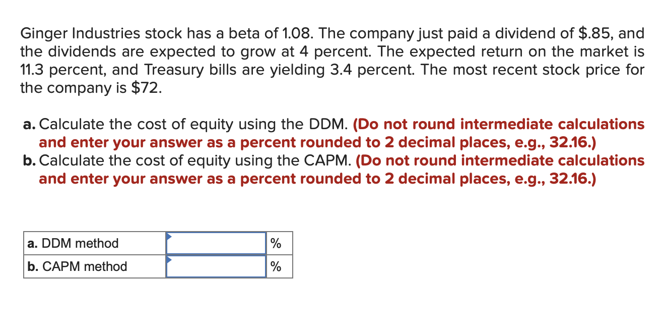 Solved Ginger Industries stock has a beta of 1.08. The