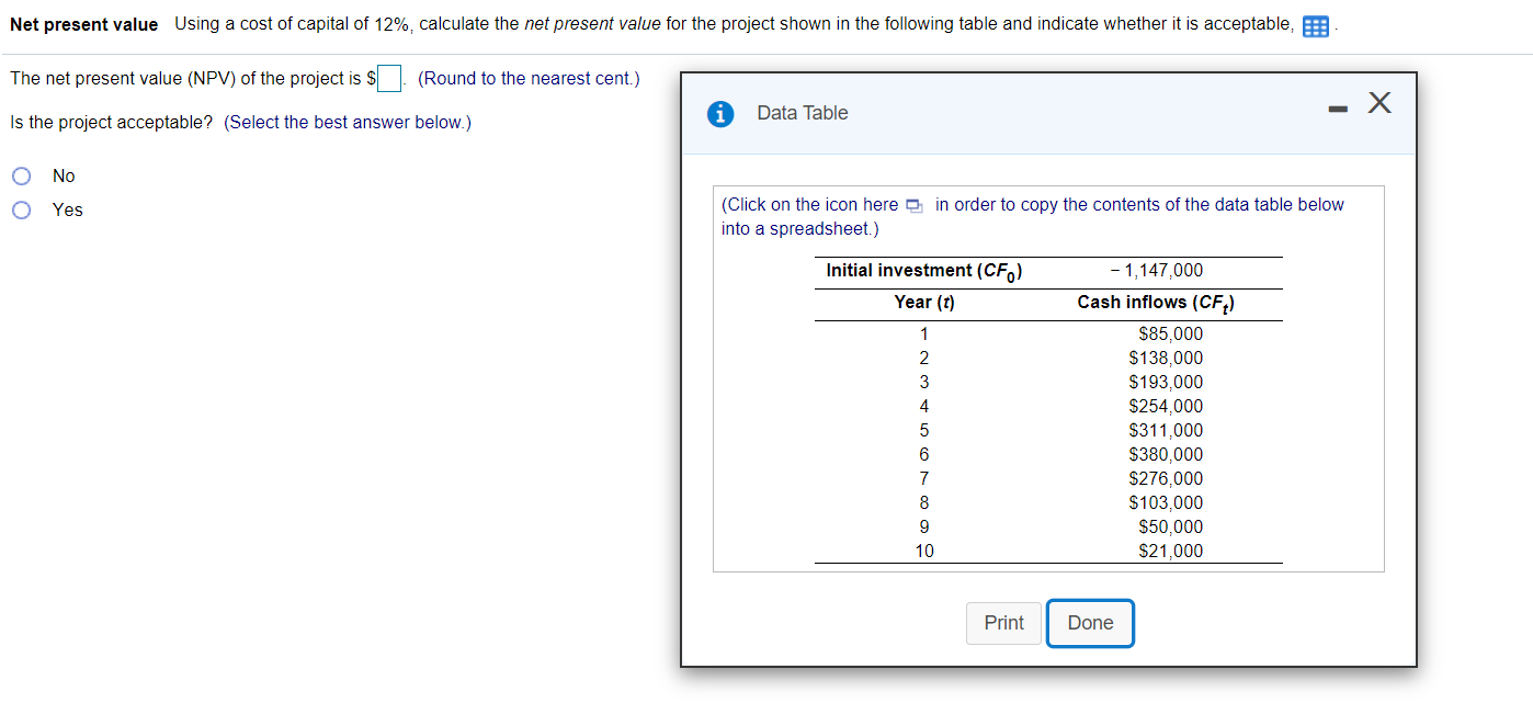 Solved Net Present Value Using A Cost Of Capital Of 12%, | Chegg.com