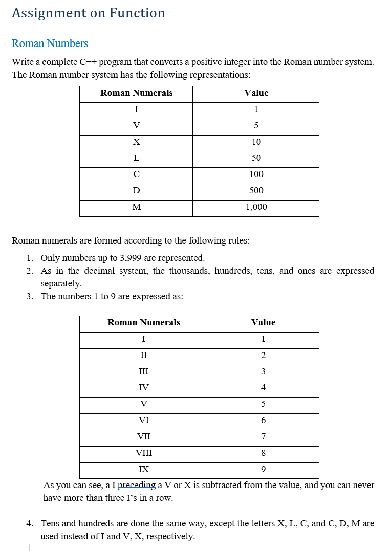 Assignment On Function Roman Numbers Write A Complete Chegg Com