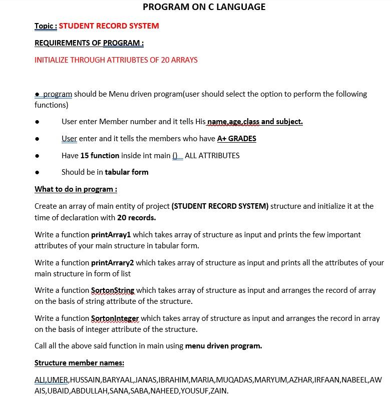 PROGRAM ON C LANGUAGE Topic: STUDENT RECORD SYSTEM | Chegg.com