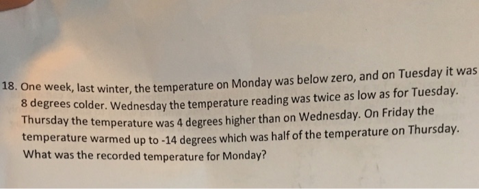 Solved One week, last winter, the temperature on Monday was | Chegg.com