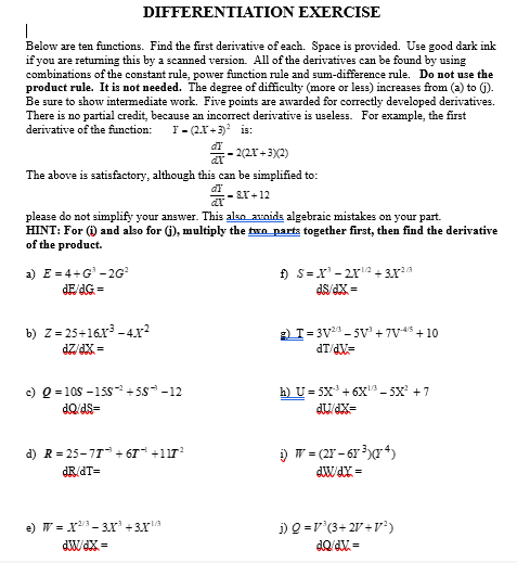 Solved DIFFERENTIATION EXERCISEBelow are ten functions. Find | Chegg.com