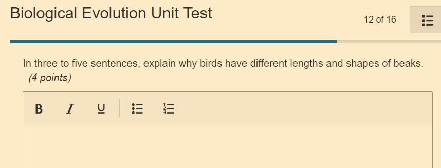 Solved Biological Evolution Unit Test 12 Of 16 In Three To | Chegg.com