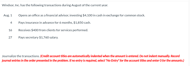 Solved Windsor, Inc. has the following transactions during | Chegg.com