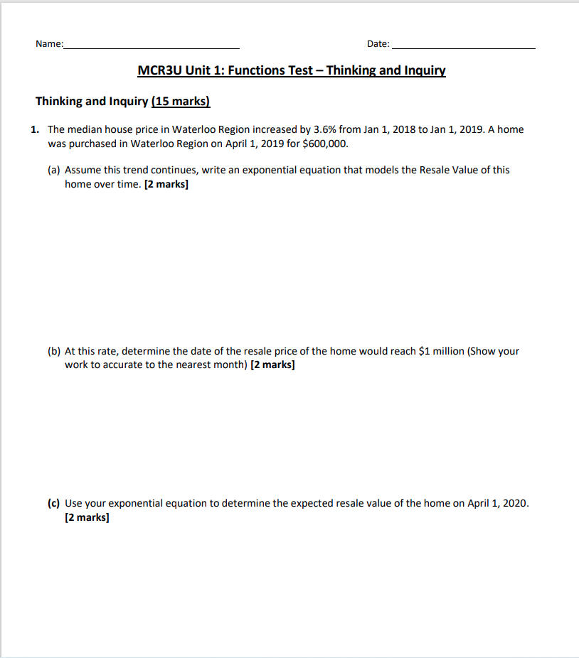 Solved Name: Date: MCR3U Unit 1: Functions Test - Thinking | Chegg.com