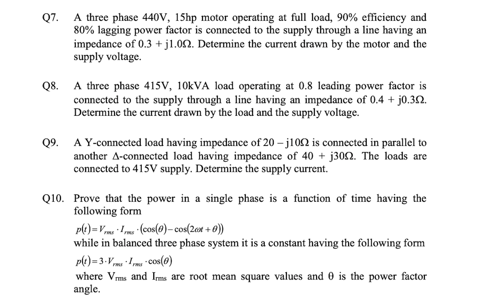 Solved Q7. A three phase 440V, 15hp motor operating at full | Chegg.com