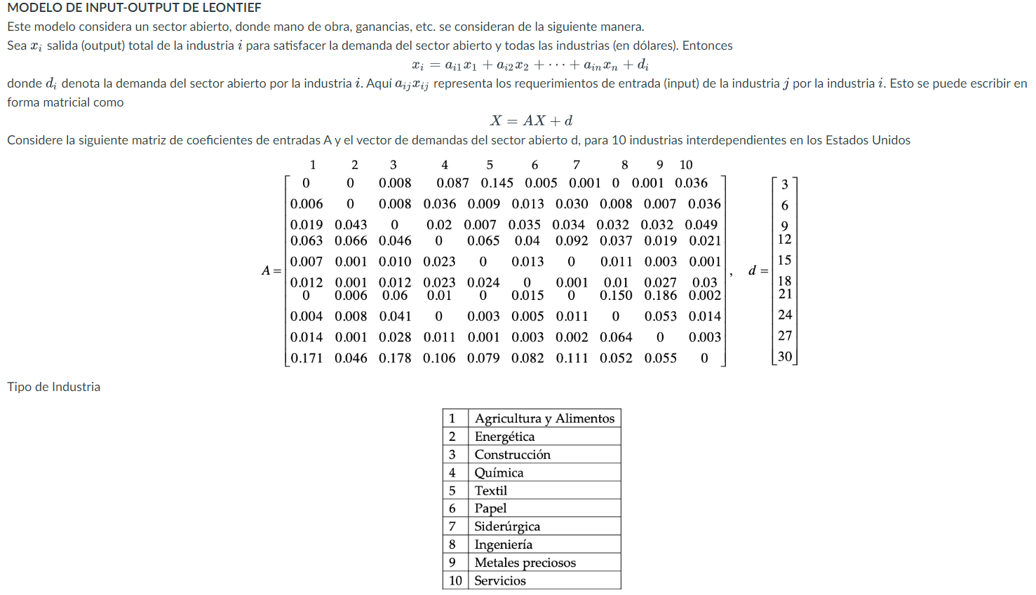 MODELO DE INPUT-OUTPUT DE LEONTIEF Este modelo considera un sector abierto, donde mano de obra, ganancias, etc. se consideran