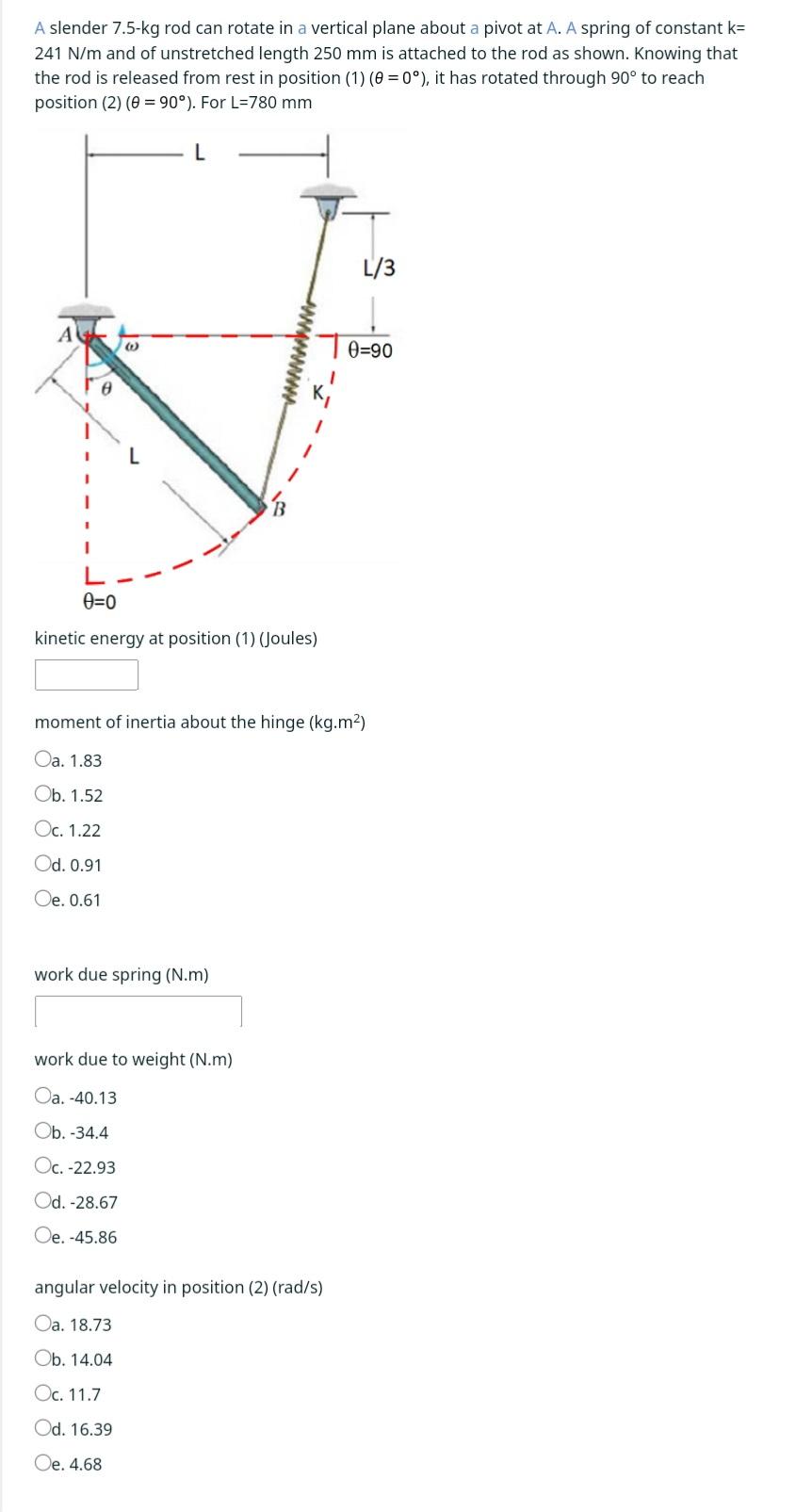 A slender \( 7.5-\mathrm{kg} \) rod can rotate in a vertical plane about a pivot at A. A spring of constant \( \mathrm{k}= \)