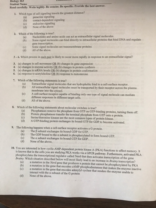 Solved Biology 463 Student Name answer. Read carefully. | Chegg.com