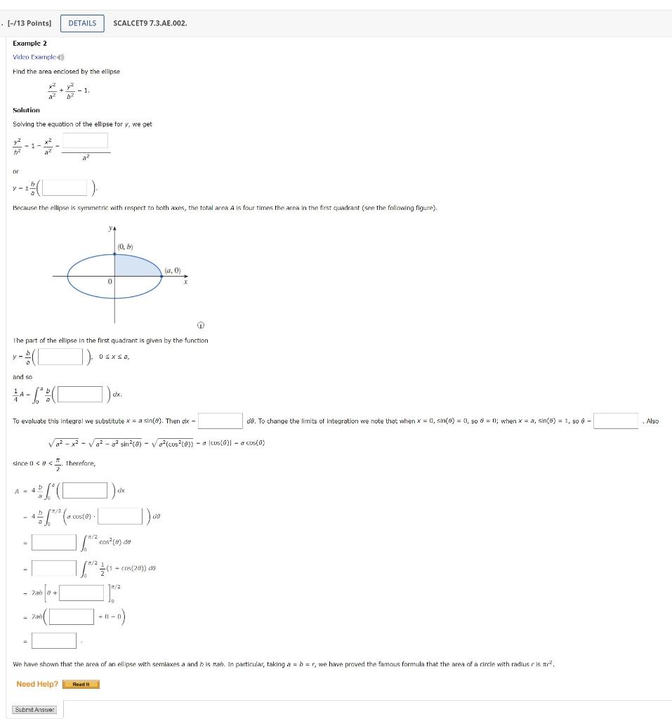 Solved Video Exampleut Find the area enciosed by the ellipse | Chegg.com
