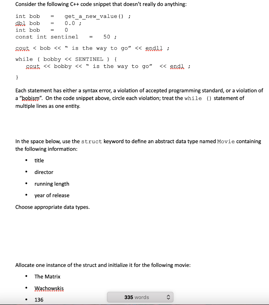 Solved Consider the following C++ code snippet that doesn't | Chegg.com