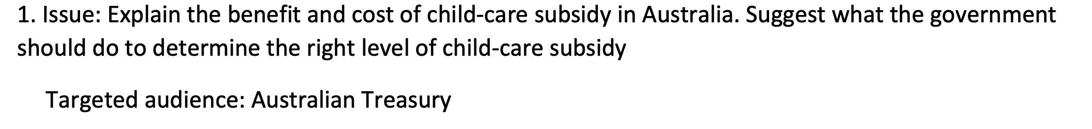 Solved 1. Issue: Explain The Benefit And Cost Of Child-care | Chegg.com