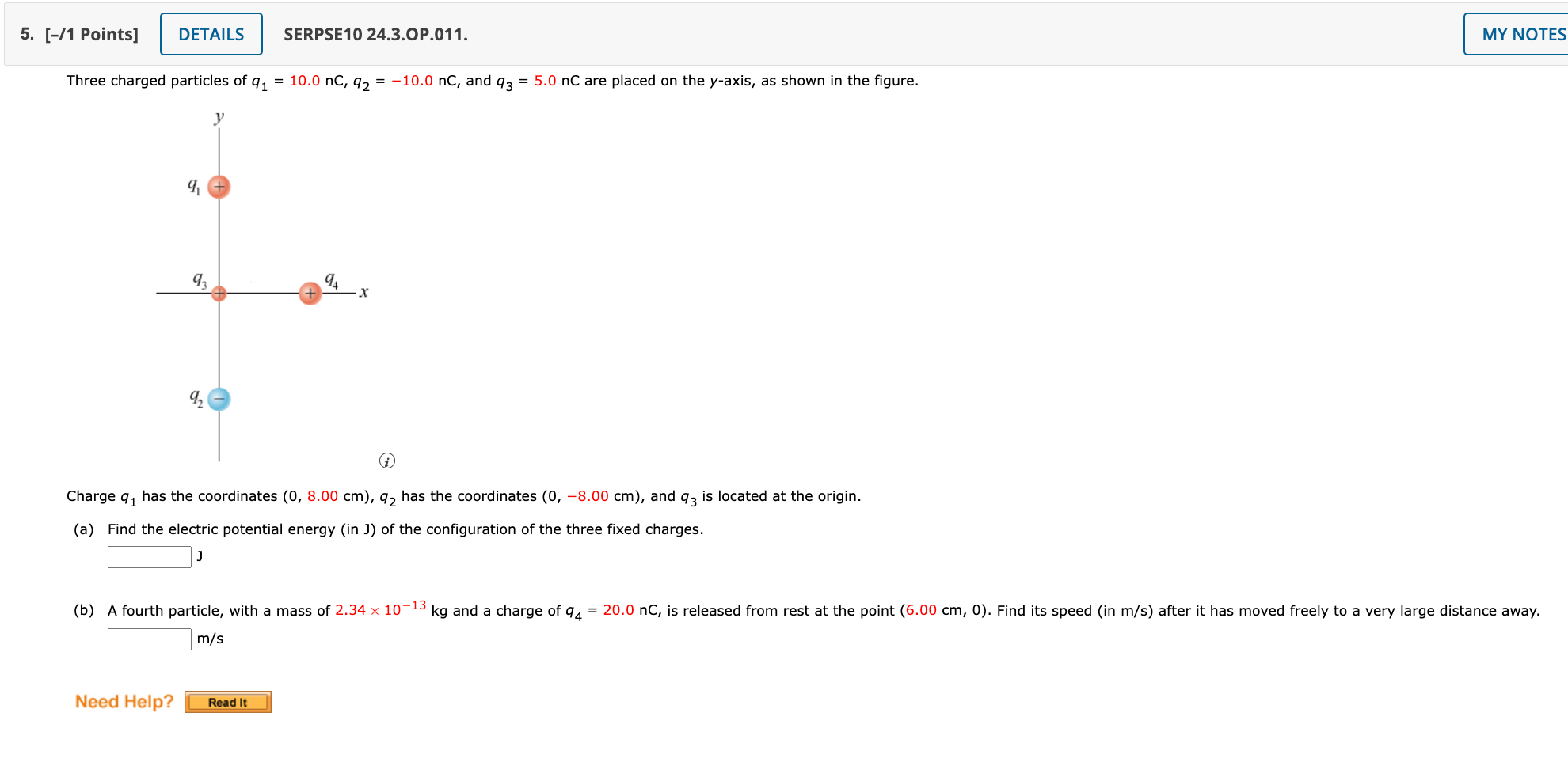 Solved Three Charged Particles Of Q1 10 0nc Q2 −10 0nc And