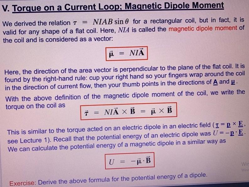 Solved V. Torque on a Current Loop Dipole Moment