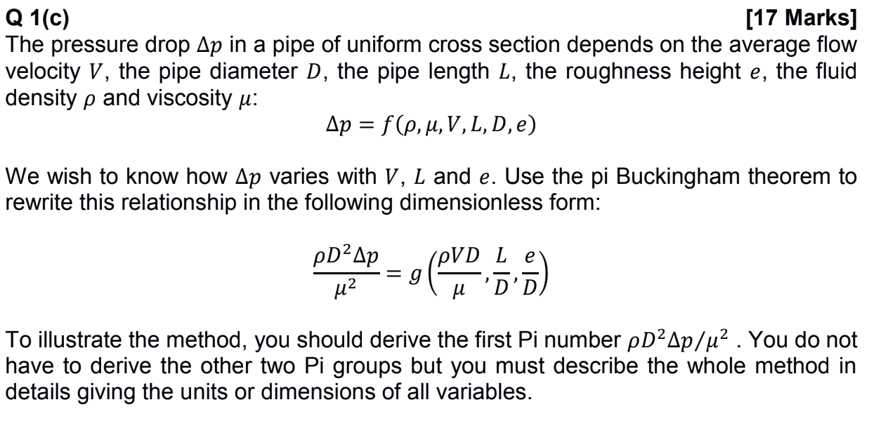 Solved Q 1 C 17 Marks The Pressure Drop Ap In A Pipe O Chegg Com