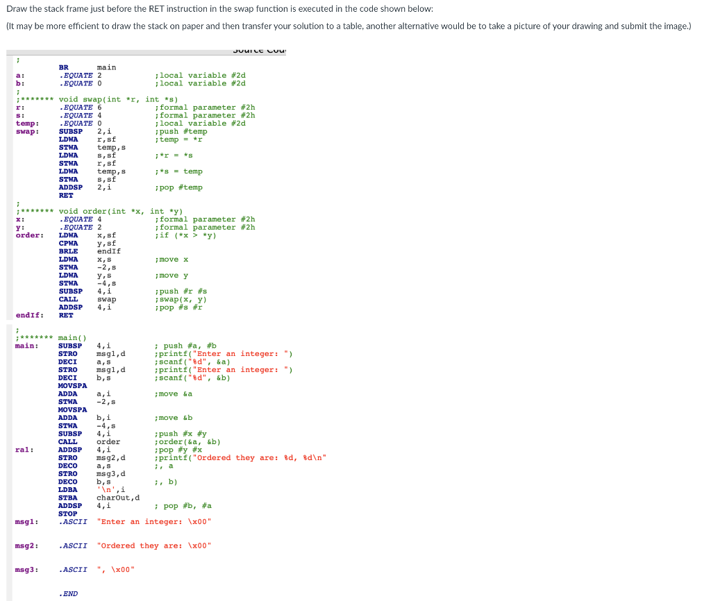 Solved Draw the stack frame just before the RET instruction | Chegg.com