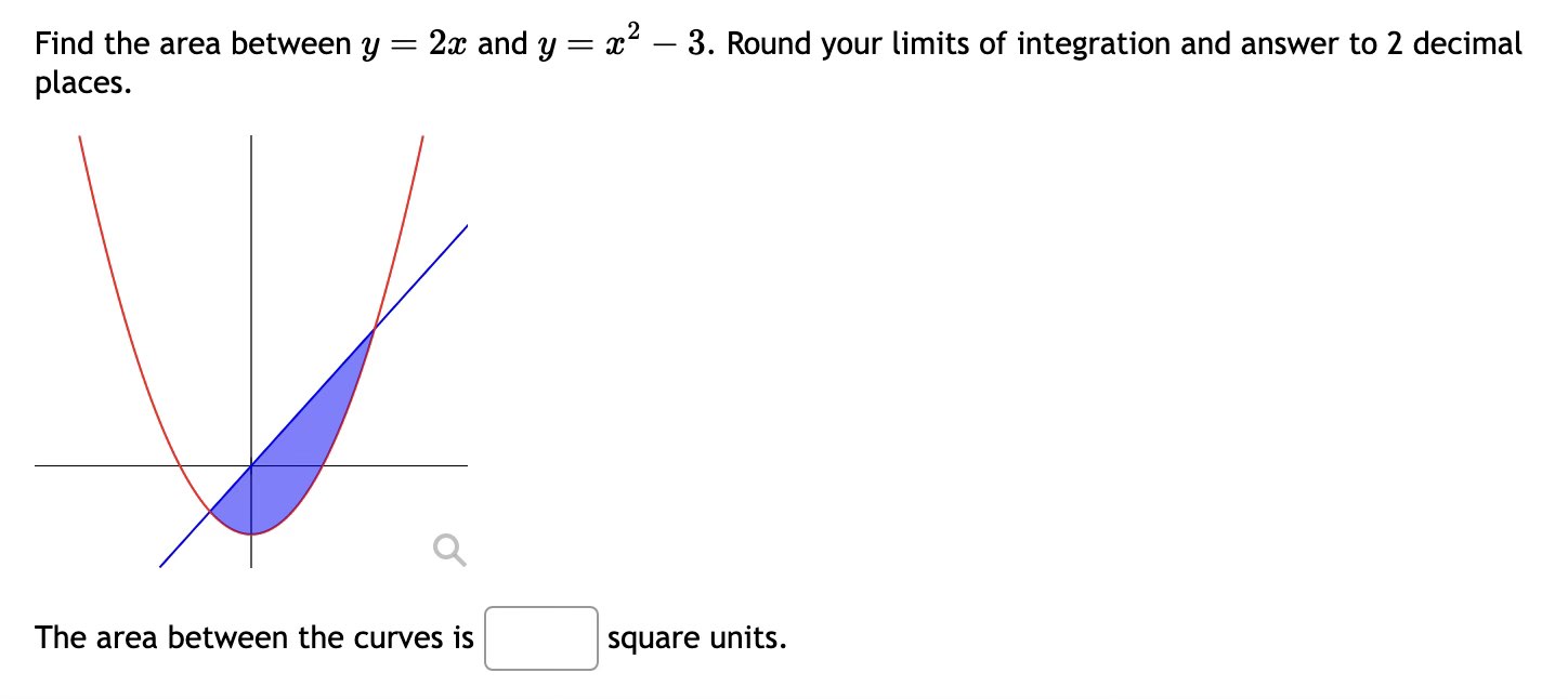 Solved Find The Area Between Y2x And Yx2−3 Round Your 9550