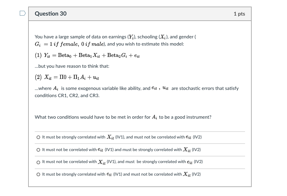 Solved Question 30 1 pts You have a large sample of data on | Chegg.com