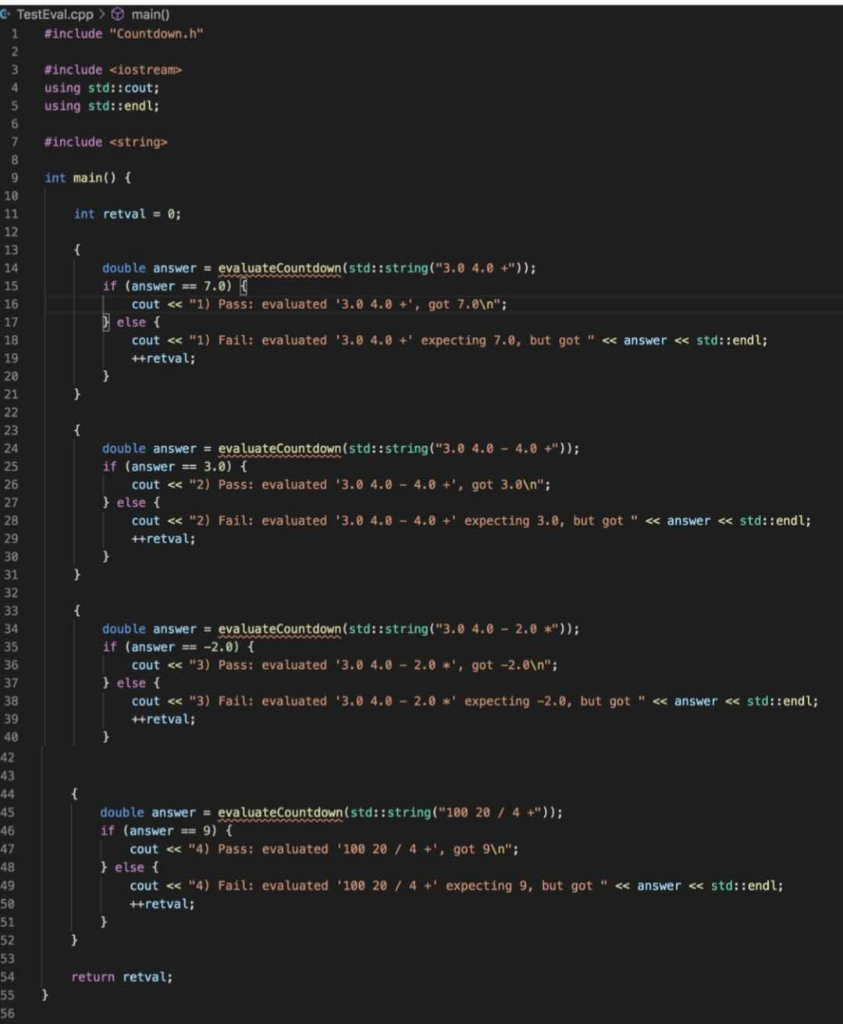 C TestEval.cpp > main() include Countdown.h 2 include using stdcout
