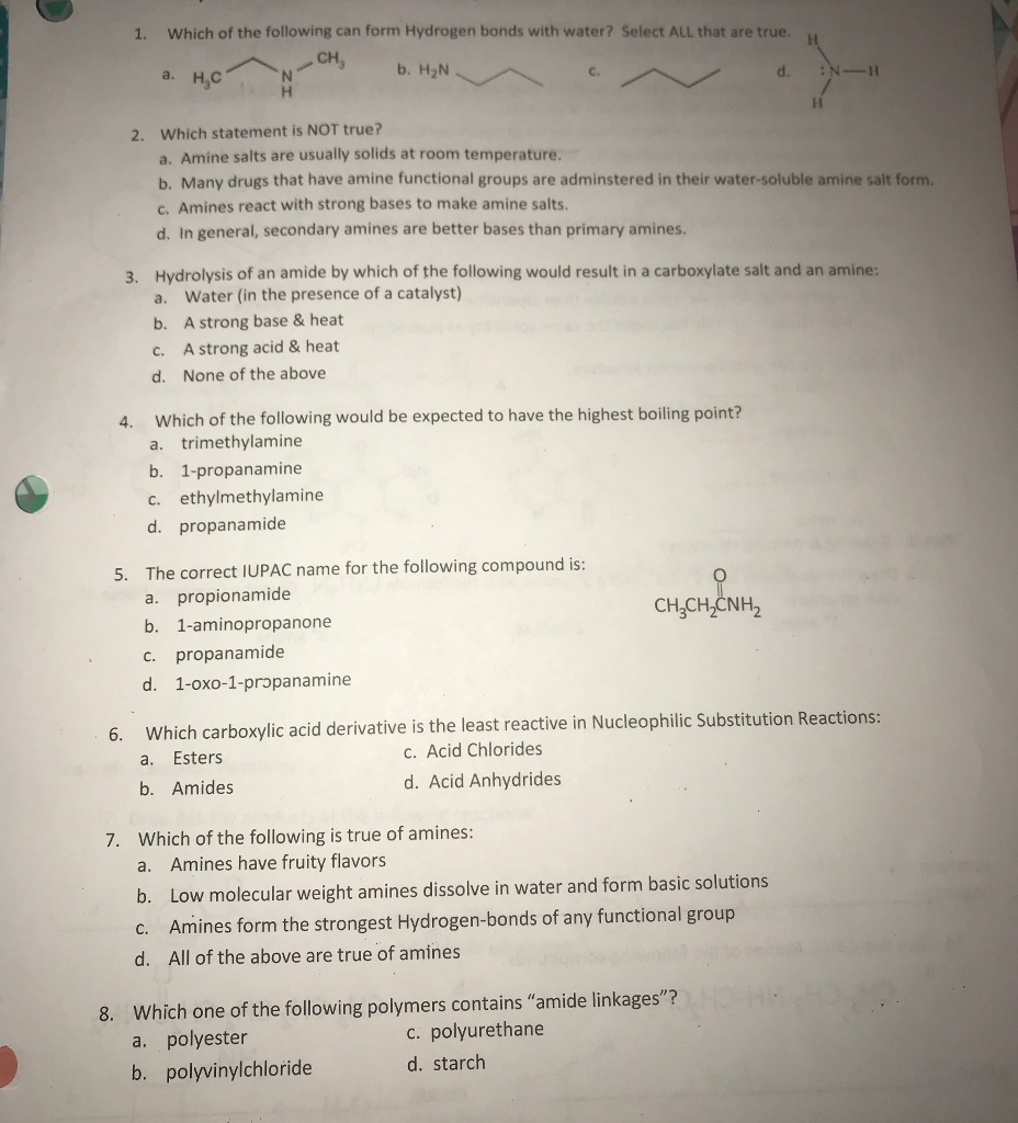 Solved 1. Which of the following can form Hydrogen bonds | Chegg.com